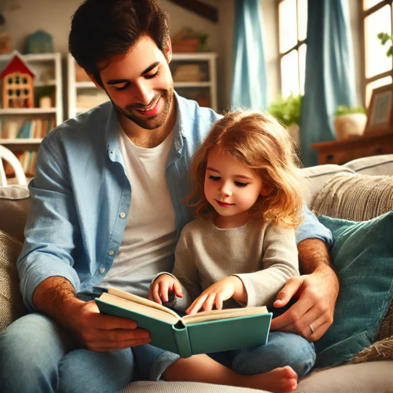 "A parent and child sitting together on a cozy couch, happily engaged in reading an open book. The warm and inviting background features soft colors like blues, greens, and yellows, creating a positive and nurturing learning environment."